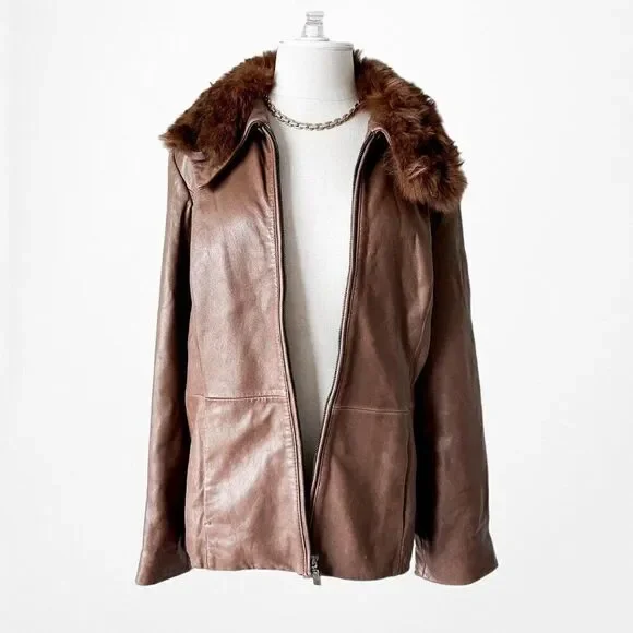 Vintage Y2K Brown Rabbit Fur Genuine Leather Moto Jacket Coat Size L